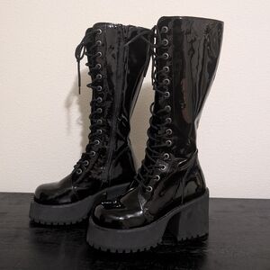 Unif Trinity Platform Black Patent Leather Lace-Up Combat Mid Calf Boot size 8